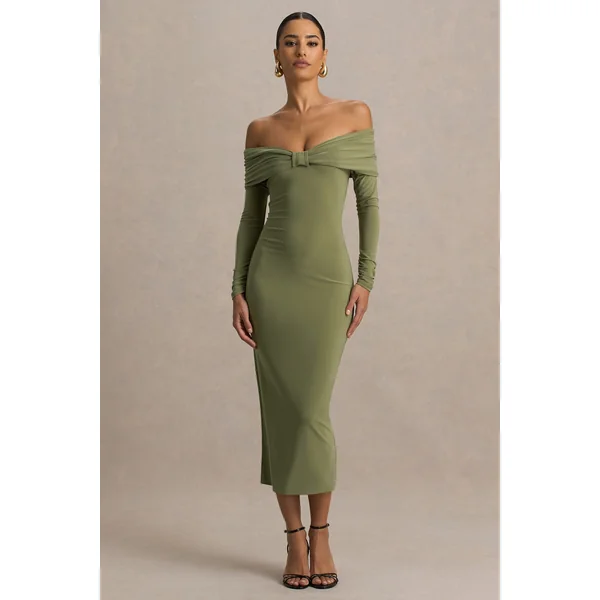 Spark | Robe longue olive à col bardot avec détail nœud