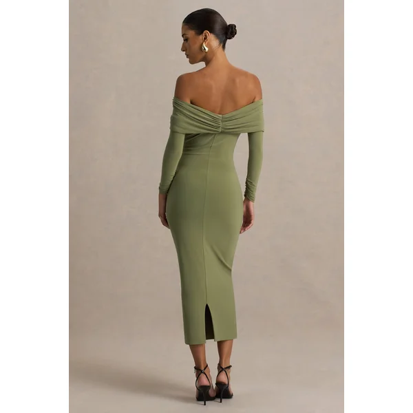 Spark | Robe longue olive à col bardot avec détail nœud