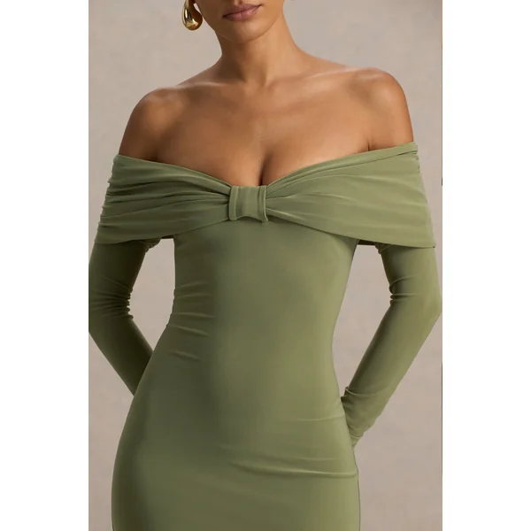 Spark | Robe longue olive à col bardot avec détail nœud