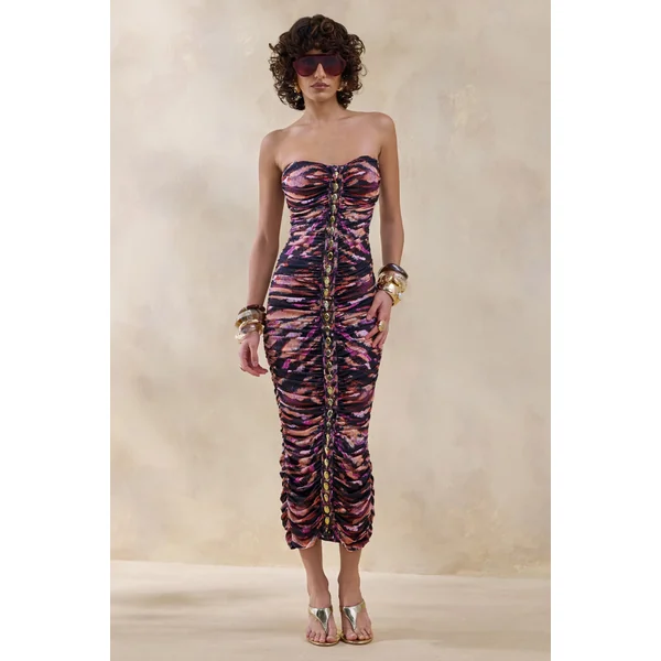 Spontaneity | Robe mi-longue zèbre à encolure bandeau froncée