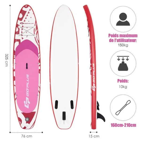 Stand-up Paddle 325 cm x 76 cm x 15 cm gonflable planche de surf avec accessoires kit de réparation pour jeunes et adultes