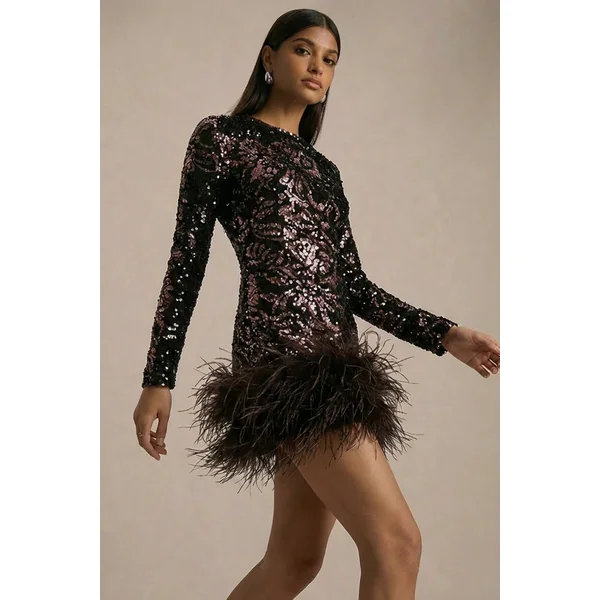 Stardust | Mini-robe en velours à sequins marron à col rond avec finition en plumes