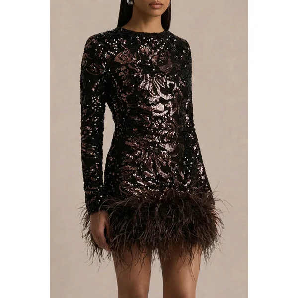 Stardust | Mini-robe en velours à sequins marron à col rond avec finition en plumes