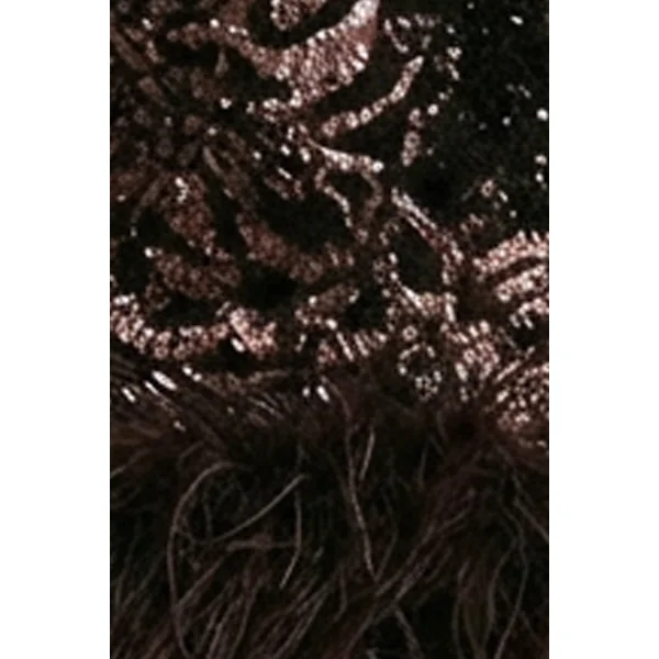Stardust | Mini-robe en velours à sequins marron à col rond avec finition en plumes