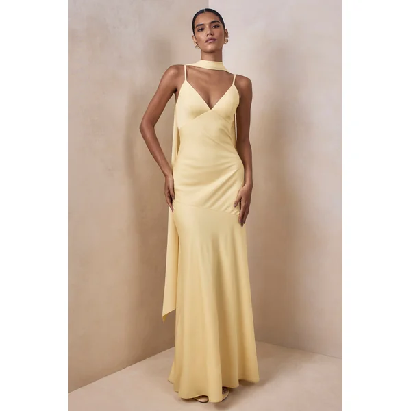 Starling | Robe longue en satin citron à décolleté plongeant avec détail d’écharpe