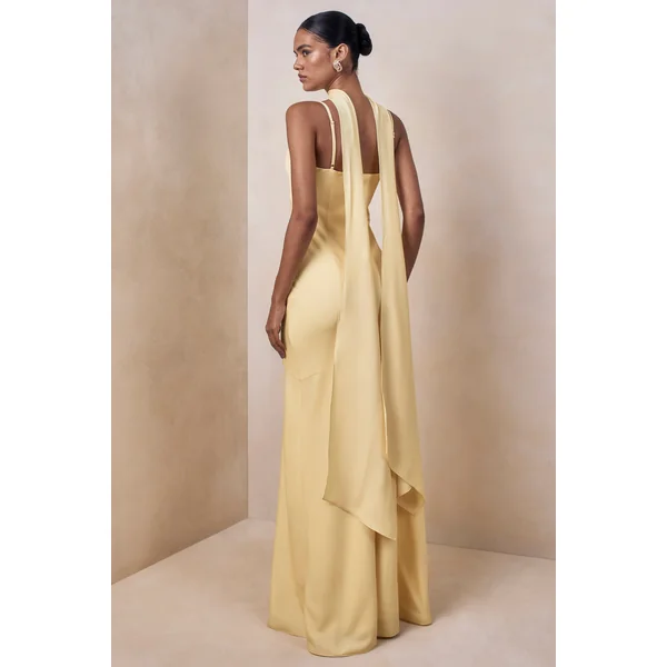 Starling | Robe longue en satin citron à décolleté plongeant avec détail d’écharpe