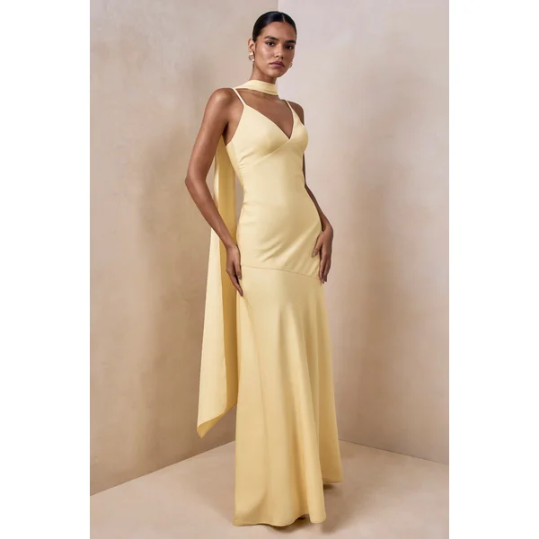 Starling | Robe longue en satin citron à décolleté plongeant avec détail d’écharpe