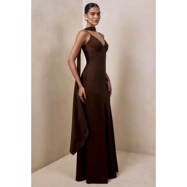 Starling | Robe longue en satin marron à décolleté plongeant avec détail écharpe