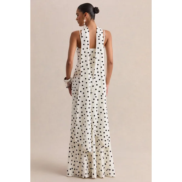Starling | Robe longue en satin mat blanc à pois noirs à encolure plongeante avec détail écharpe