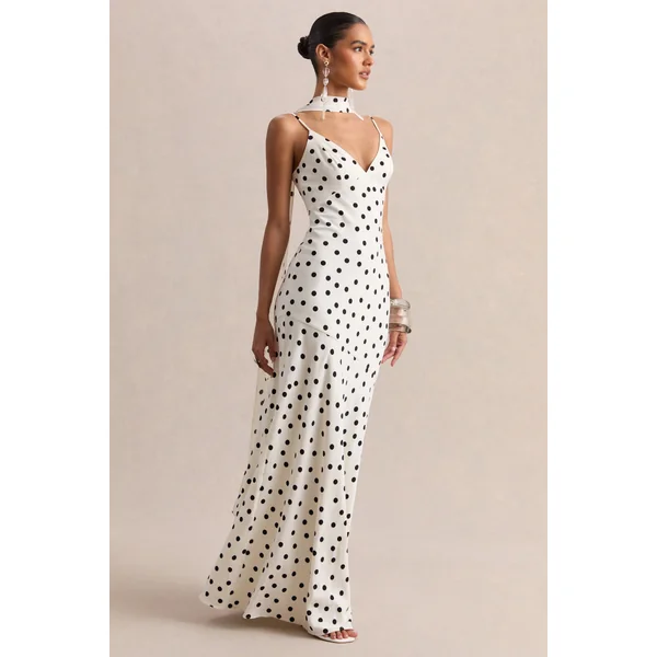 Starling | Robe longue en satin mat blanc à pois noirs à encolure plongeante avec détail écharpe