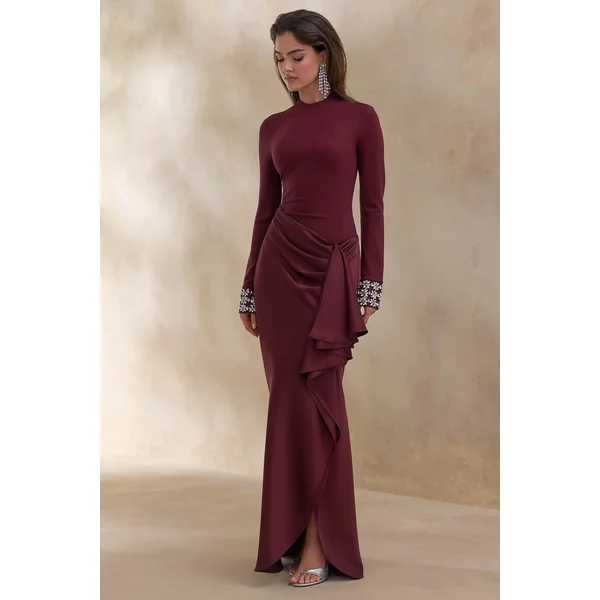 Starred | Robe longue rouge bordeaux à col montant avec jupe portefeuille en satin et poignets ornés