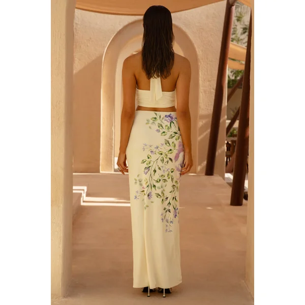 Stassi | Jupe longue à imprimé floral lilas en placement avec détails froncés et fente haute à l’avant