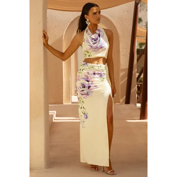 Stassi | Jupe longue à imprimé floral lilas en placement avec détails froncés et fente haute à l’avant