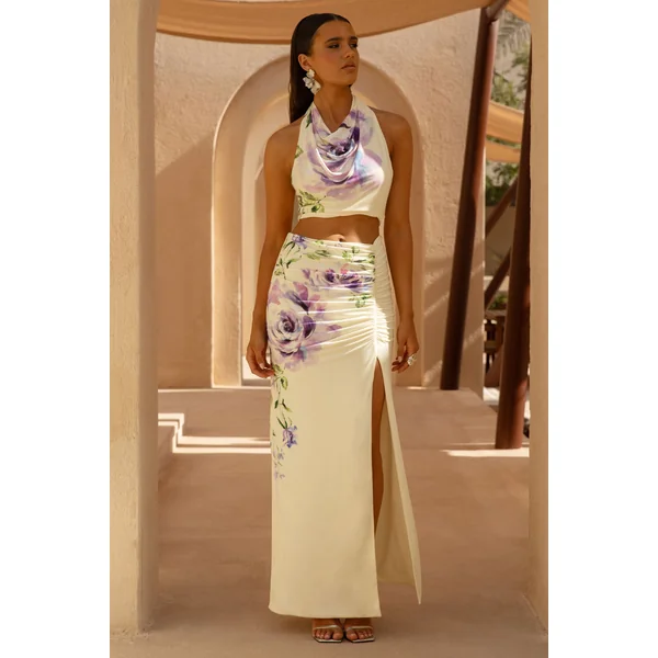 Stassi | Jupe longue à imprimé floral lilas en placement avec détails froncés et fente haute à l’avant