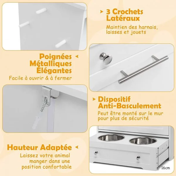 Station d'alimentation pour Animaux de Compagnie avec Bol en Acier Inoxydable Crochet de Suspension Dispositif Anti-basculement pour Placard à Porte Basculante