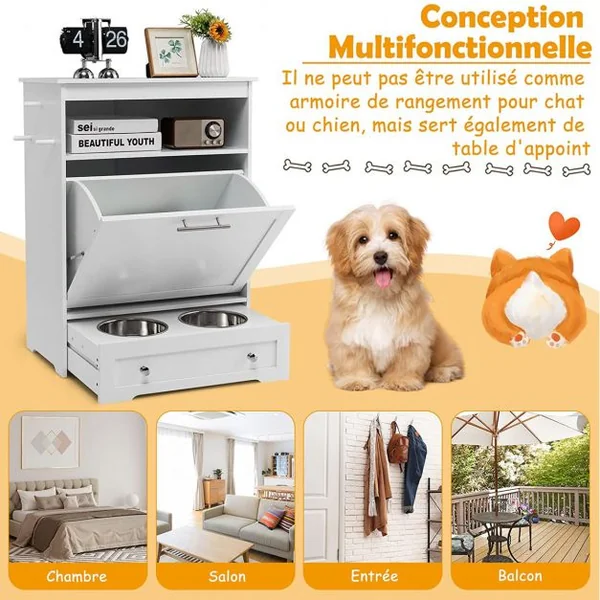 Station d'alimentation pour Animaux de Compagnie avec Bol en Acier Inoxydable Crochet de Suspension Dispositif Anti-basculement pour Placard à Porte Basculante