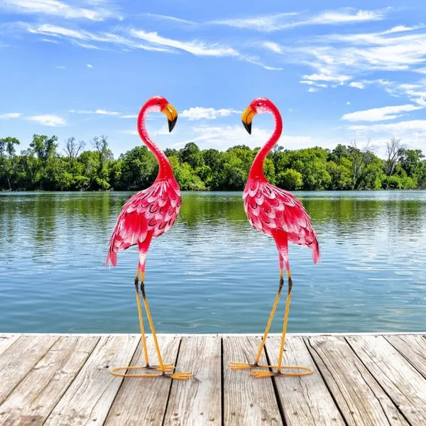 Statue de Flamant Rose Lot de 2 pour Jardin Cadre en Métal Imperméable Plumes de Couleur Dégradée Animaux Realiste