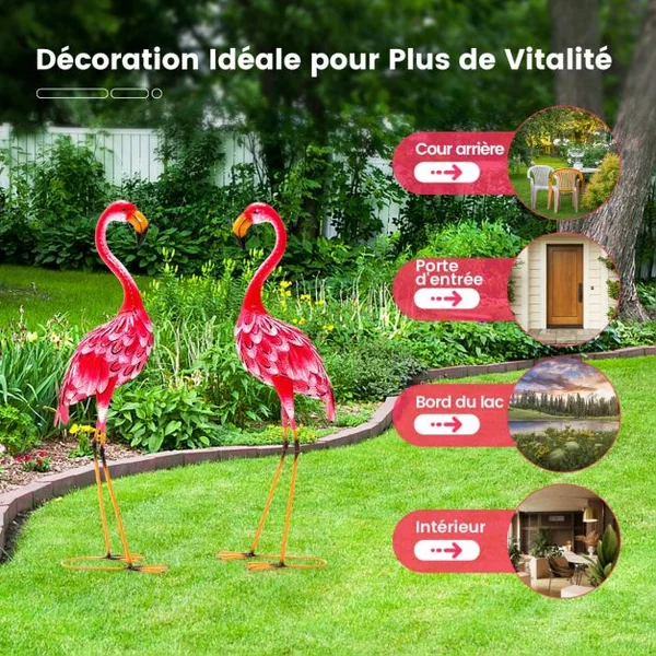 Statue de Flamant Rose Lot de 2 pour Jardin Cadre en Métal Imperméable Plumes de Couleur Dégradée Animaux Realiste