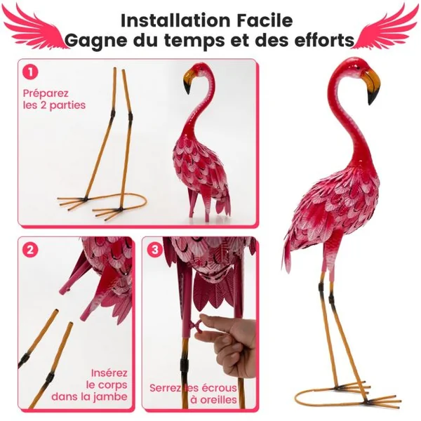 Statue de Flamant Rose Lot de 2 pour Jardin Cadre en Métal Imperméable Plumes de Couleur Dégradée Animaux Realiste