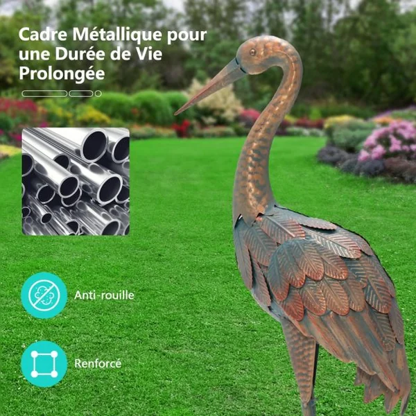 Statue de Grue Debout Lot de 2 pour Jardin Cadre en Métal Imperméable Plumes de Couleur Dégradée Animaux Realiste