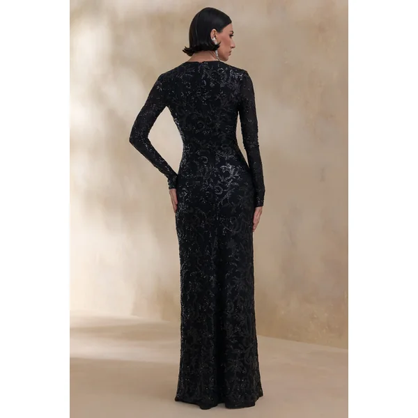 Stellar | Robe longue noire en dentelle ornée à encolure haute avec manches longues