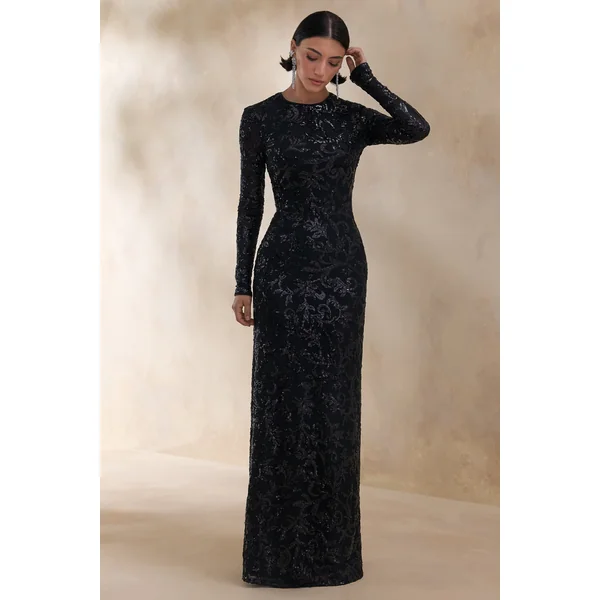 Stellar | Robe longue noire en dentelle ornée à encolure haute avec manches longues