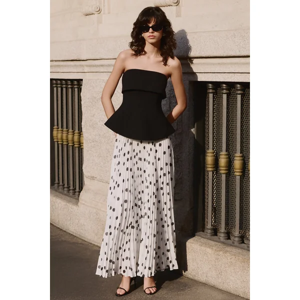 Stellara | Robe longue corset bandeau noire et blanche à pois avec jupe transparente