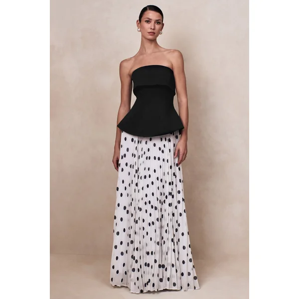 Stellara | Robe longue corset bandeau noire et blanche à pois avec jupe transparente