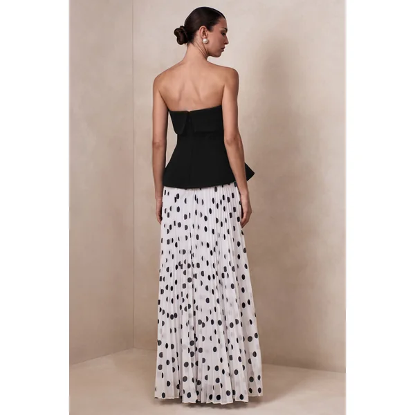 Stellara | Robe longue corset bandeau noire et blanche à pois avec jupe transparente