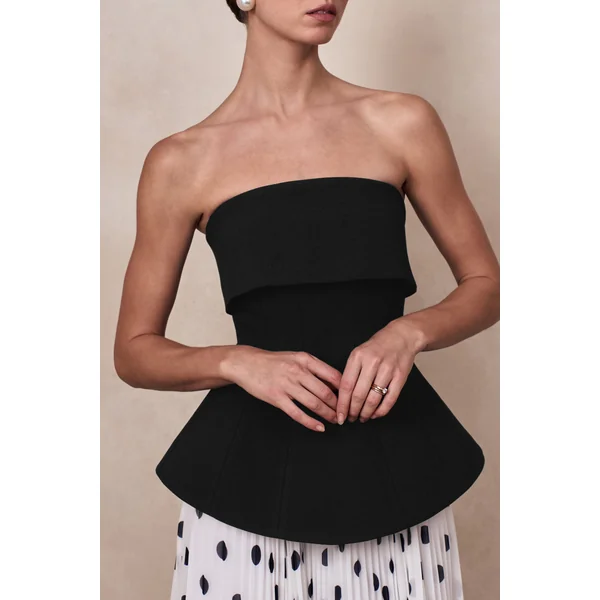 Stellara | Robe longue corset bandeau noire et blanche à pois avec jupe transparente