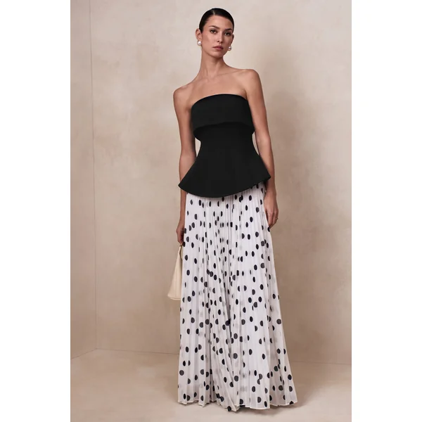 Stellara | Robe longue corset bandeau noire et blanche à pois avec jupe transparente