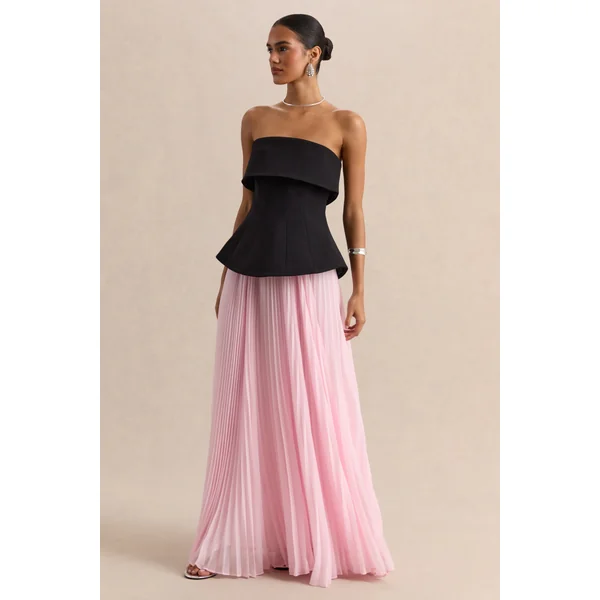 Stellara | Robe longue corset bandeau noire et rose avec jupe transparente