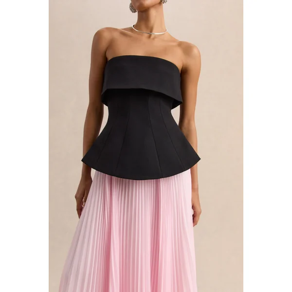 Stellara | Robe longue corset bandeau noire et rose avec jupe transparente