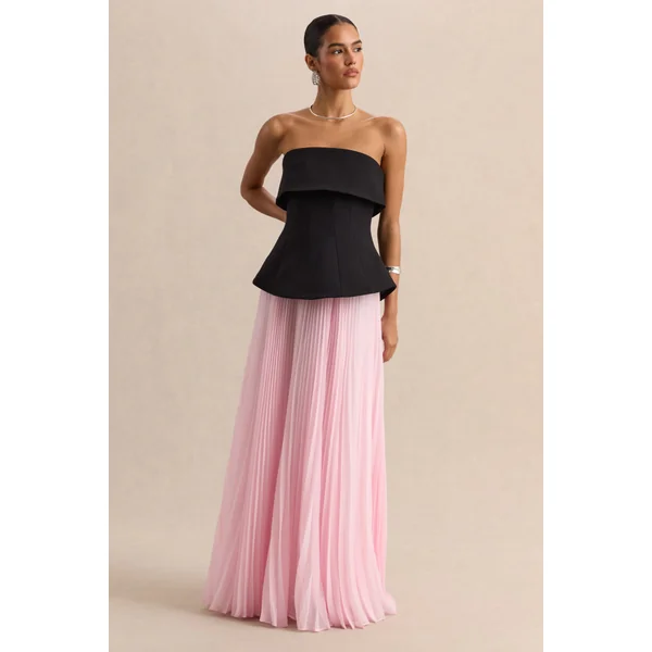 Stellara | Robe longue corset bandeau noire et rose avec jupe transparente