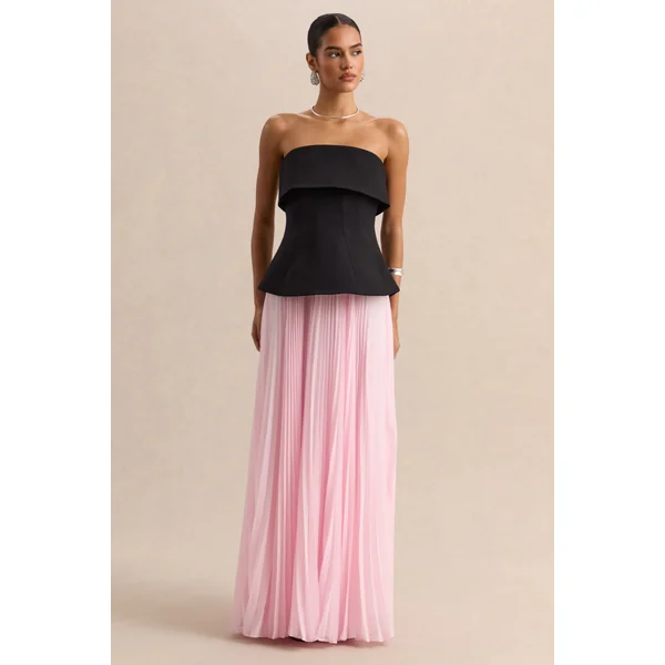 Stellara | Robe longue corset bandeau noire et rose avec jupe transparente