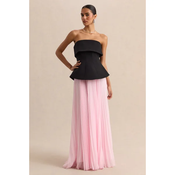 Stellara | Robe longue corset bandeau noire et rose avec jupe transparente
