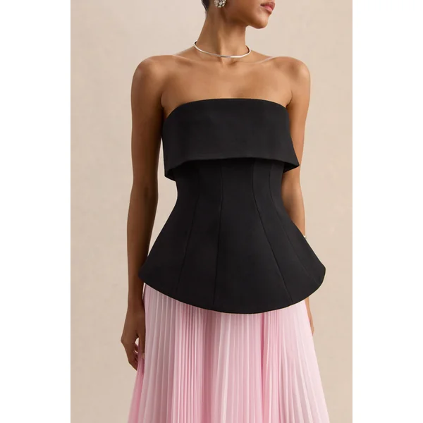 Stellara | Robe longue corset bandeau noire et rose avec jupe transparente