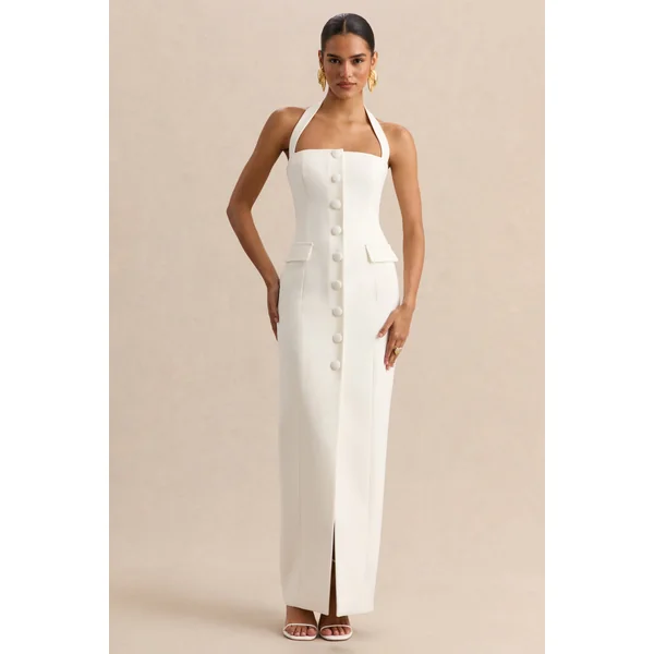Steph | Robe longue blanche dos-nu à coupe tailleur