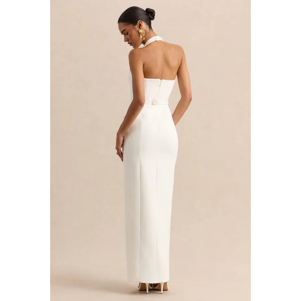 Steph | Robe longue blanche dos-nu à coupe tailleur