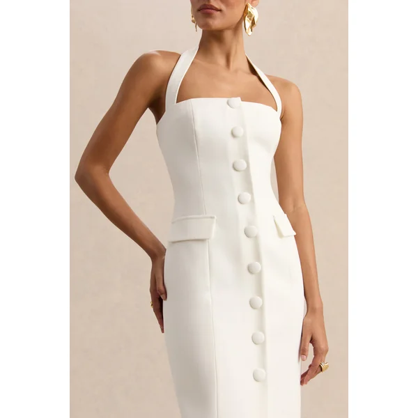 Steph | Robe longue blanche dos-nu à coupe tailleur