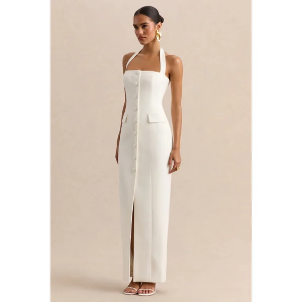 Steph | Robe longue blanche dos-nu à coupe tailleur