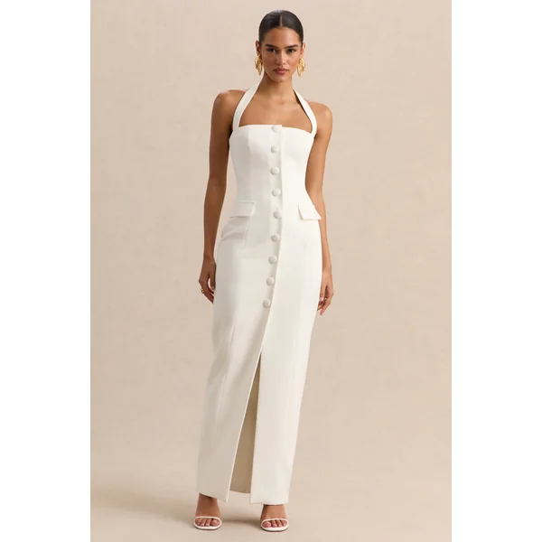 Steph | Robe longue blanche dos-nu à coupe tailleur