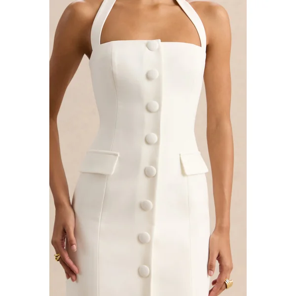 Steph | Robe longue blanche dos-nu à coupe tailleur