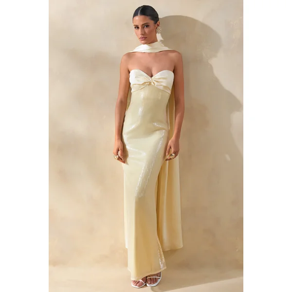 Stephanie | Robe longue bandeau citron avec foulard