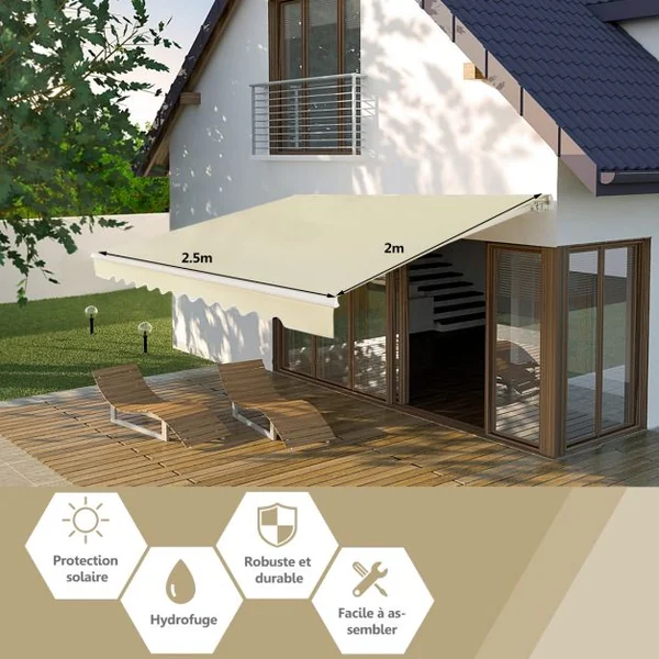 Store Banne de Balcon Rétractable 2,5x2M Tissu Résistant aux UV et à l'Eau Angle Réglable 5-35° Beige