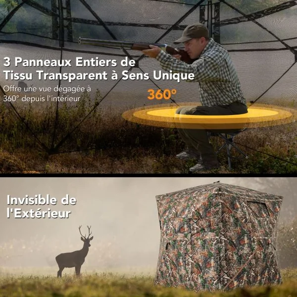 Store de Chasse Amovible 5 en 1 pour 2 à 3 Personnes Tente de Chasse Pop-Up Vue à 360° avec Puits de Lumière 148x148x164cm Camouflage