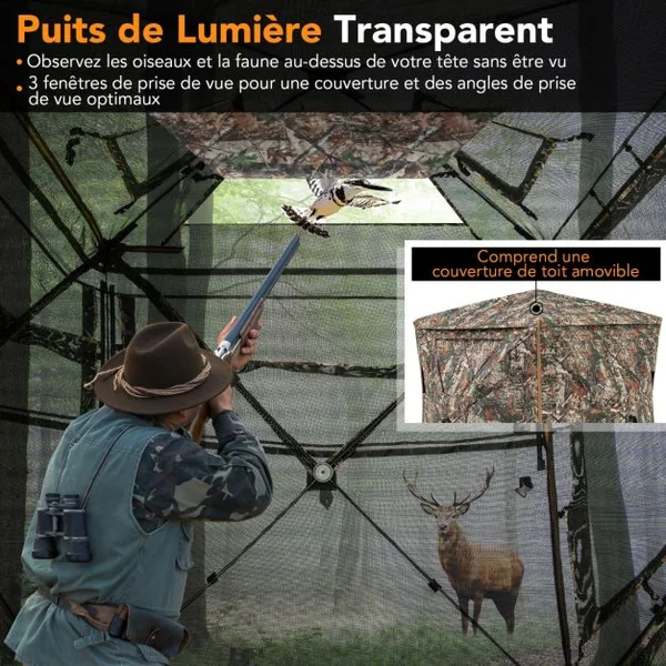 Store de Chasse Amovible 5 en 1 pour 2 à 3 Personnes Tente de Chasse Pop-Up Vue à 360° avec Puits de Lumière 148x148x164cm Camouflage