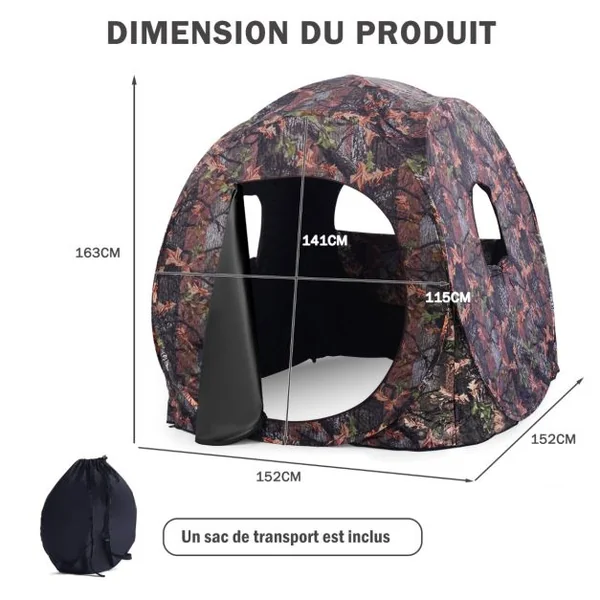 Store de Chasse Portable Cadre en Acier pour 3 Personnes Fenêtres en Maille avec Sangles d'Arrimage Piquets de Sol Sac de Transport 152x152x163cm