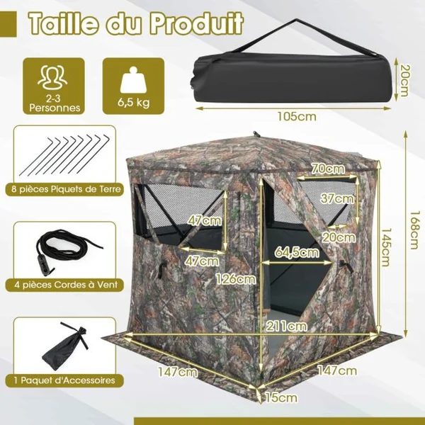 Store de Chasse Portable de 2-3 Personnes Vue à 270° Camouflage