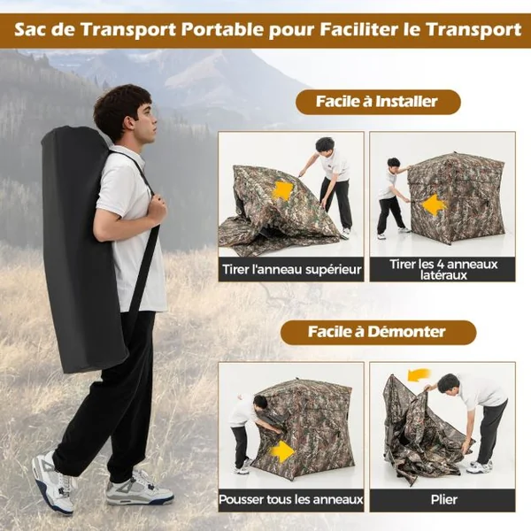 Store de Chasse Portable pour 2 à 3 Personnes Tente de Chasse Pop-Up Vue Dégagée à 360° avec Sac de Transport 148x148x170cm Camouflage